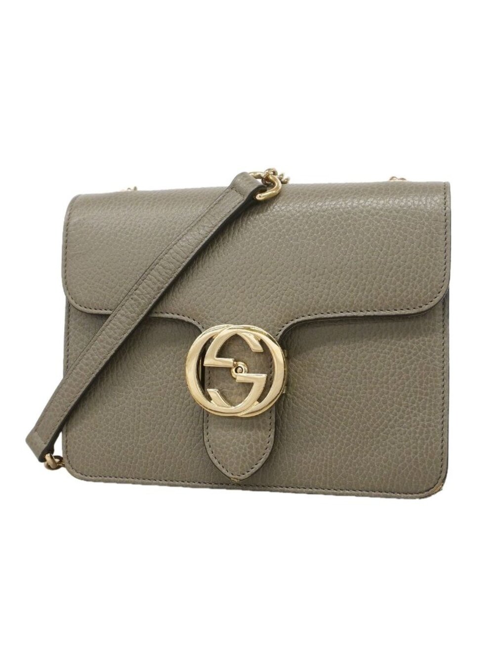 Gucci Shoulder Bag Interlocking G Leather Gray Champagne Gold